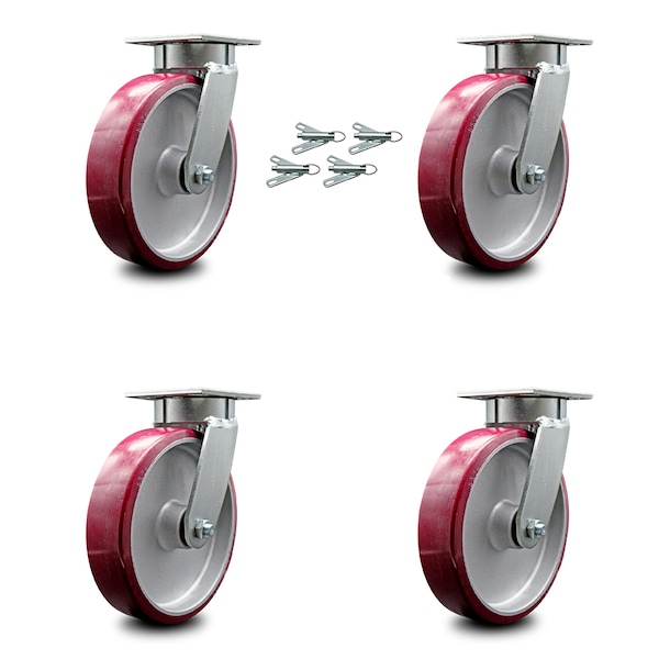 8 Inch Kingpinless Poly on Aluminum Wheel Swivel Caster Set with Swivel Locks